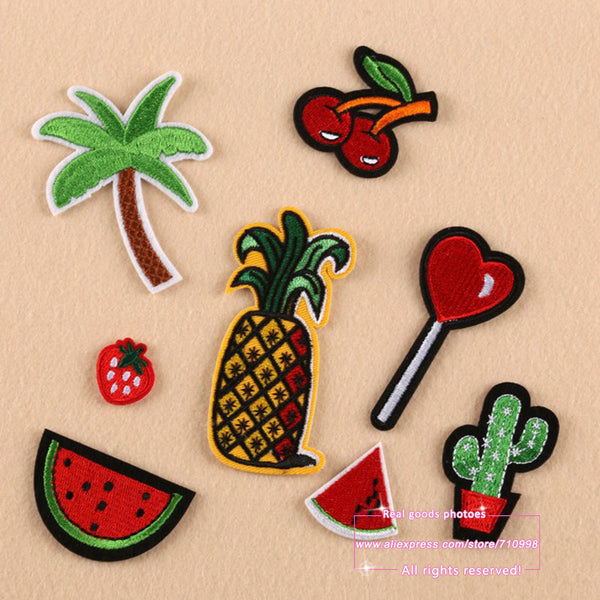 7 Sets, Assorted Popcorn Drinks Hamburger Raionbow Fruit Embroidered Iron On cartoon Patches Fashion Appliques for kids