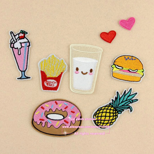 7 Sets, Assorted Popcorn Drinks Hamburger Raionbow Fruit Embroidered Iron On cartoon Patches Fashion Appliques for kids