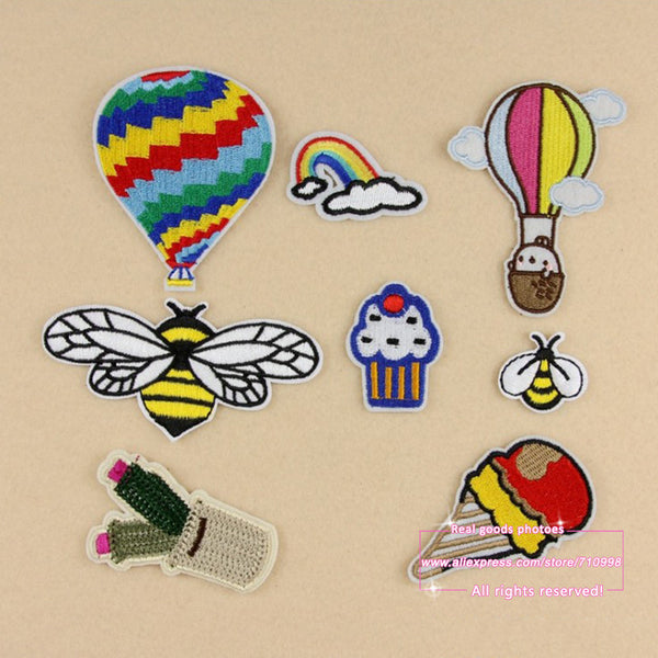 7 Sets, Assorted Popcorn Drinks Hamburger Raionbow Fruit Embroidered Iron On cartoon Patches Fashion Appliques for kids