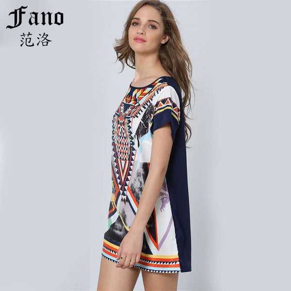 Women Fashionable Dresses High Street New Arrival Multicolor Short Sleeve Round Neck Vintage Print Shift Dress