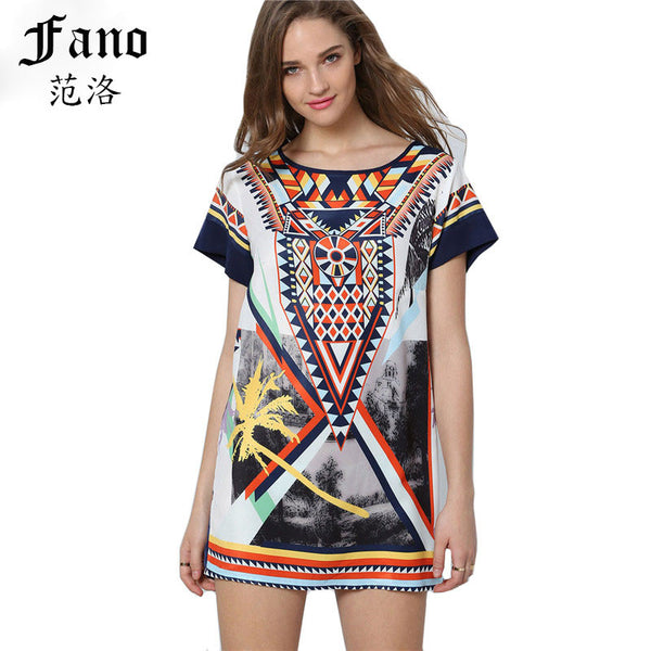 Women Fashionable Dresses High Street New Arrival Multicolor Short Sleeve Round Neck Vintage Print Shift Dress