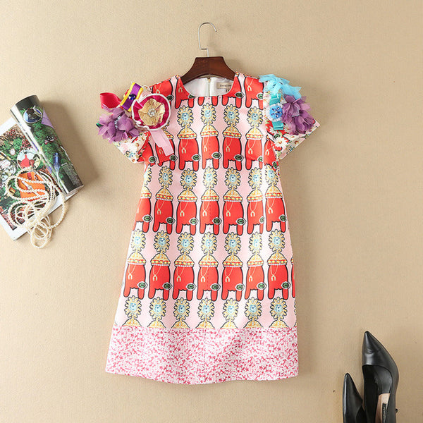 Novelty Dress New 2017 Summer Fashion High Street Women Sweet Print Luxury Appliques Diamonds Above Knee Designer Dress