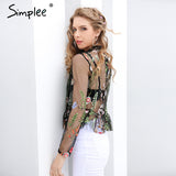 Simplee Black flower embroidery blouse shirt Women tops blouse chemise femme camisa Transparent long sleeve summer 2017 blusas