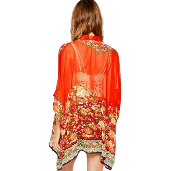 Summer Style Fashion Women's Vintage Flower Print Red Chiffon Blouse Shirt Women Loose Chiffon Kimono Cardigan